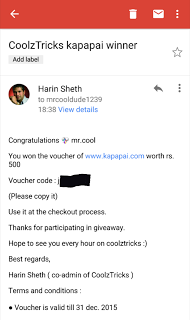 SENT [*EXCLUSIVE*] 1500 Rs. KAPAPAI GIFT VOUCHERS GIVEAWAY (SPONSERED BY JRUPEE)-DEC'15