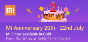 Flipkart Mi anniversary Offer : 5% Off on all Credit/Debit Cards (20-22 July)