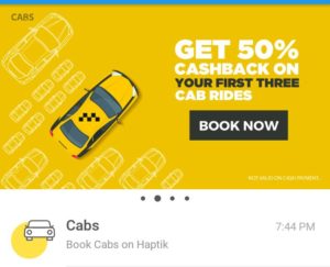 Haptik App Offer : Get 50% Cashback on First 3 Cab Rides (Max Rs.200) + Extra Rs.50