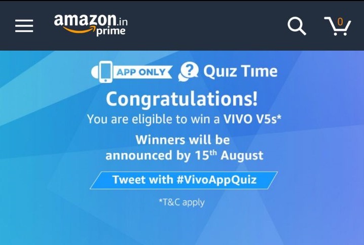 (All Answers) Amazon Quiz Time- Answer & Win VIVO V5s Smartphones