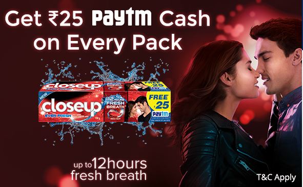 PayTM Closeup Offer - Get Free Rs.25 PayTM Cash On Each Pack