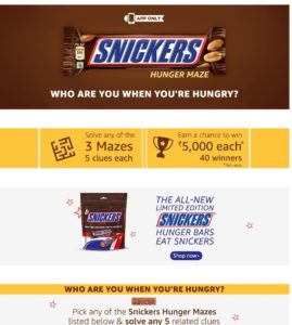 (All Answers)Amazon Snickers Hunger Maze contest - Answers & win Rs 5000