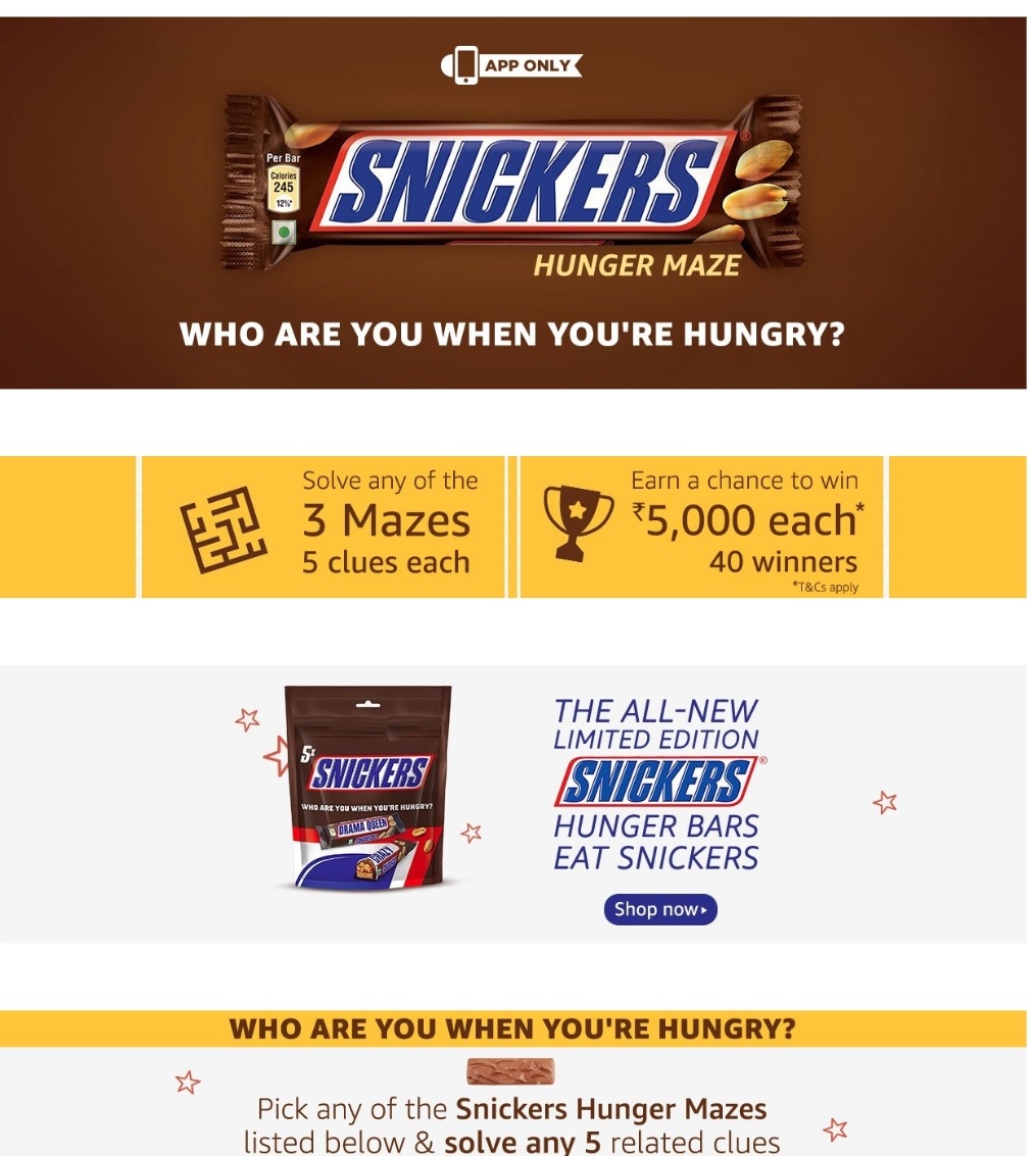 (All Answers)Amazon Snickers Hunger Maze contest - Answers & win Rs 5000