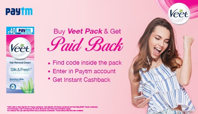 Paytm Veet Offer- Free Rs.40 PayTM Cash On Veet Hair Removal Pack
