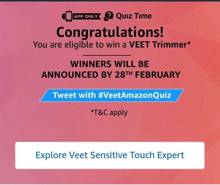 (All Answers) Amazon Veet Trimmer Quiz - Answer & win Veet Trimmer