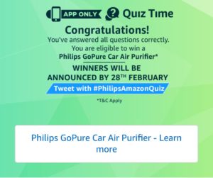 (All Answers) Amazon Quiz Time-Answers & Win Philips Car Air Purifier