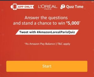 Amazon L'oreal Quiz - Answer & win Rs 5000 Amazon Pay balance