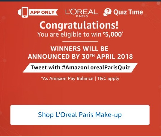 Amazon L'oreal Quiz - Answer & win Rs 5000 Amazon Pay balance