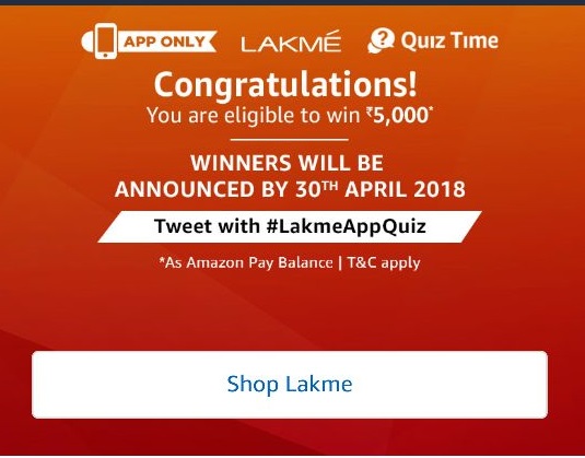 Amazon Lakme Quiz - Answer & Win Rs 5000