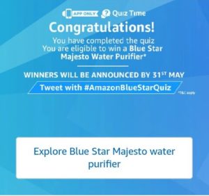 Amazon Quiz Time - Answer & Win Blue Star Water purifier