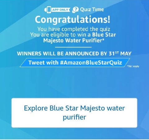 Amazon Quiz Time - Answer & Win Blue Star Water purifier