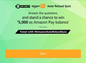 Amazon Auto Reload Quiz - Win Rs.5000 Amazon Pay Balance