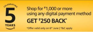 (Loot) Amazon Anniversary-Get Rs.250 Cashback On Shopping+Extra 100 