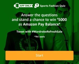 Amazon Sports Fashion  Quiz Answers: Q1. Which of these brands is the current official sponsor of Liverpool Football Club kit? Answer: New balance Q2. 'Athleisure' is a fashion trend in which clothing designed for athletic activities is worn in other settings. Which of these would NOT classify as athleisure? Answer: Kurta pyajama Q3.Under Armour, the American sportswear and performance brand, in India is exclusively available on Amazon.in Answer: True Q4. Which of the following is NOT a benefit of shopping from Amazon Fashion during the Wardrobe Refresh Sale? Answer: Free hugs on every purchase Q5. When is the Wardrobe Refresh Sale on Amazon.in? Answer: 21st june to 24th 2018