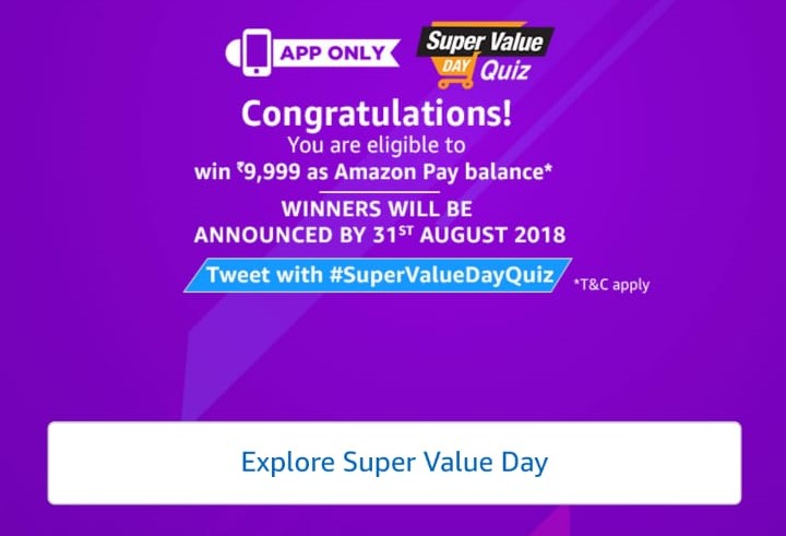 (All Answers)Amazon Super Value day Quiz–Answer & Win Rs.9,999