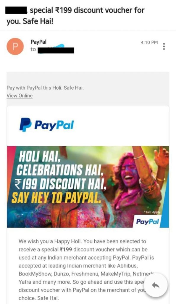 Holi Loot- PayPal is Sending ₹199 Coupon (Check In Your Account)
