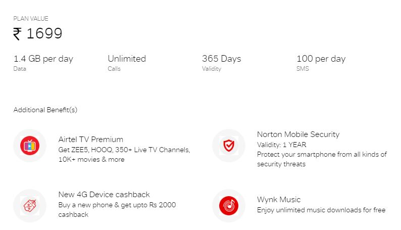 Airtel 1 Year Unlimited Plan Of ₹1699 - 1.4 GB Daily+Free Calling