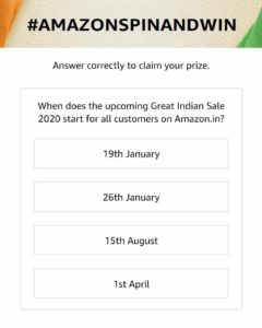 Amazon Great Indian Sale Spin & Win - Answers | 50000 Winners