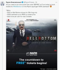 BELLBOTTOM PayTM Movie Ticket Booking Offer - How To Get 100% Cashback