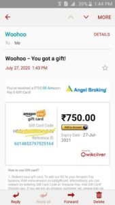 Angel Broking Refer & Earn Free ₹750 Amazon Voucher Proof
