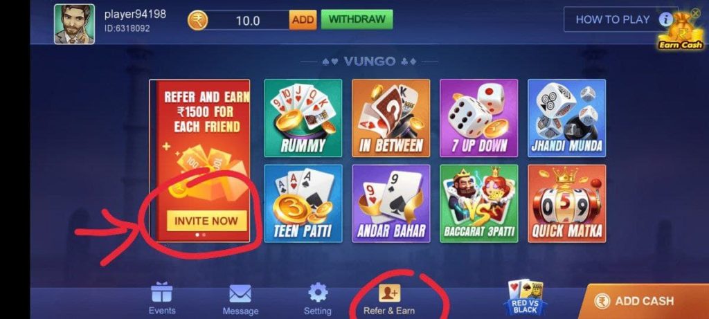 Teen Patti Vungo Refer Earn Free PayTM Cash