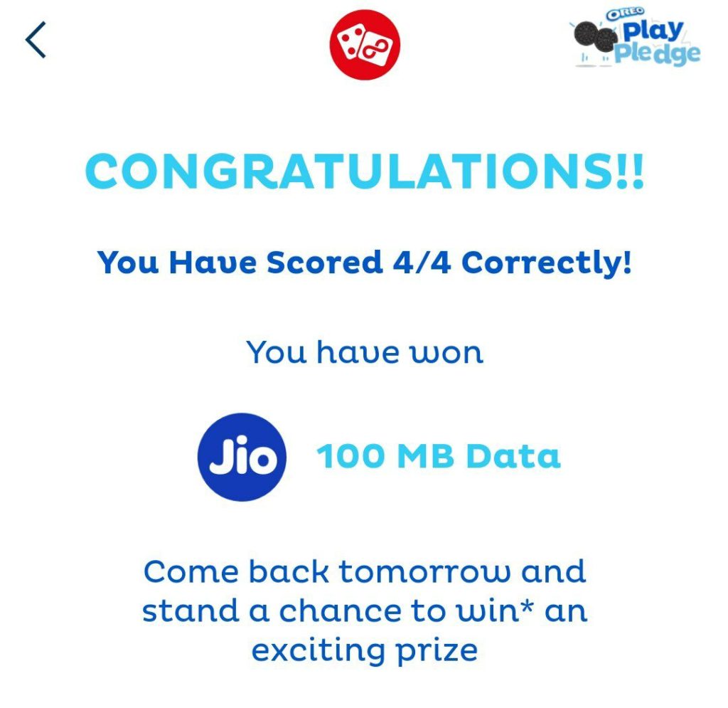 MyJio Oreo Play Pledge Offer - Get Jio Free Data