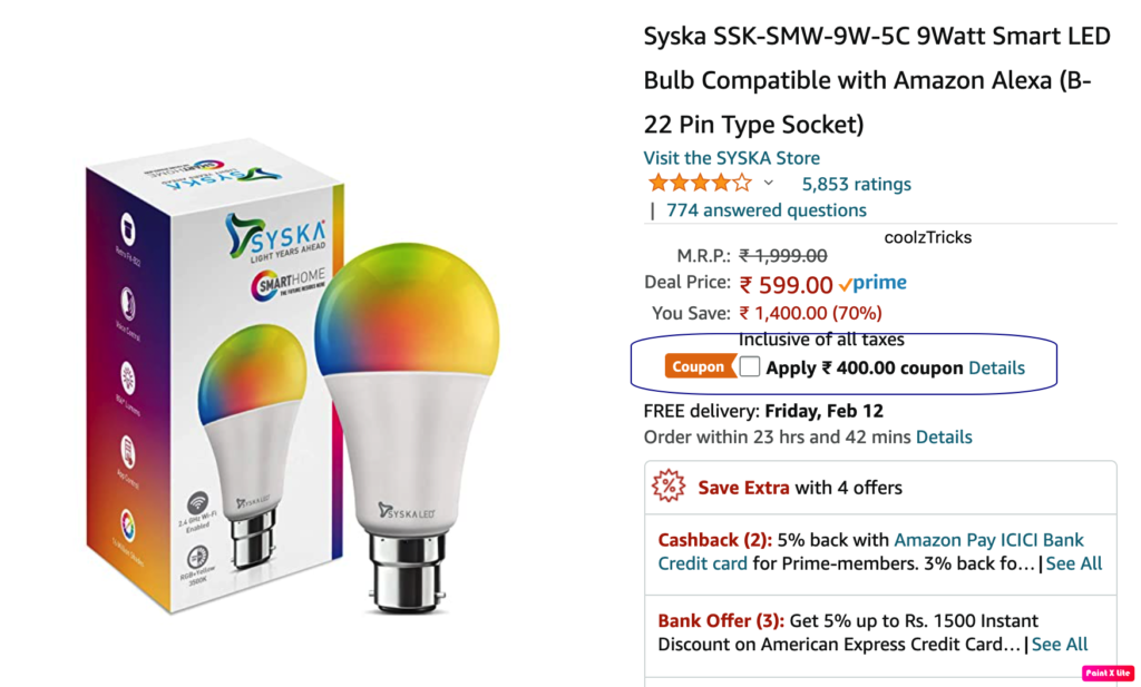 (Loot Deal) Syska Smart Bulb @ Just ₹199 | ₹400 Off Coupon