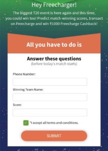 Predict Win ₹1000 FreeCharge Cashback