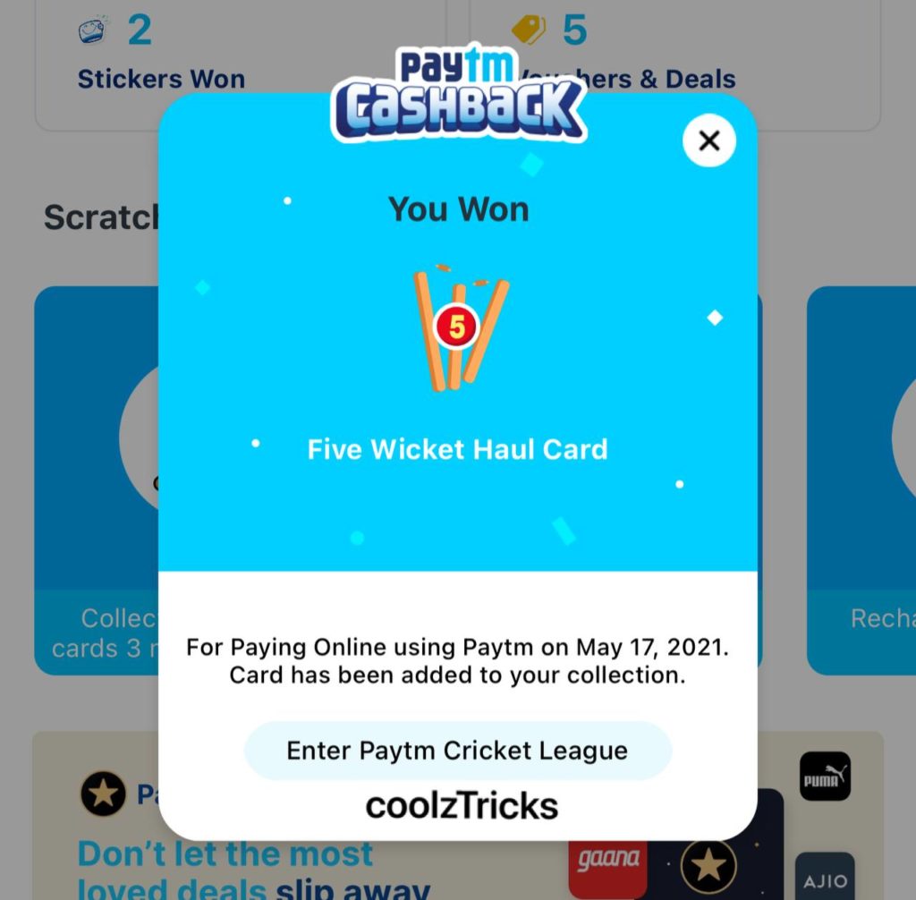 PayTM Cricket League : Get ''Five Wickets Haul' Card For Free