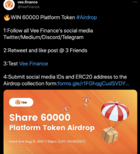 Vee Finance Platform Token Airdrop