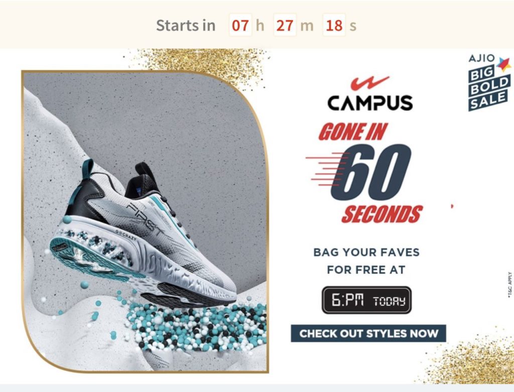 Ajio ₹1 Sale Loot - Campus Shoes In Just ₹1 for 60 Seconds | @ Sale Today