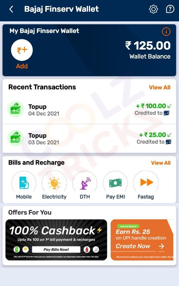 Bajaj Finserv ₹125 Cashback Proof