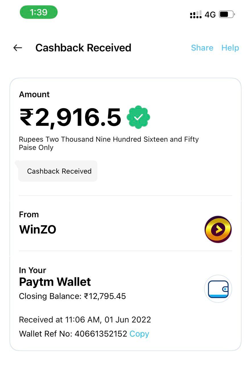 Proof Of Winzo Free Paytm Cash Giving App