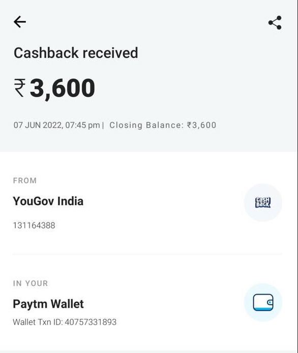 Proof Of YouGov Free Paytm Cash Giving App
