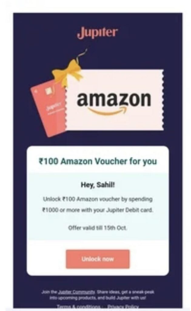 Jupiter ₹100 Free Amazon Gift Card 