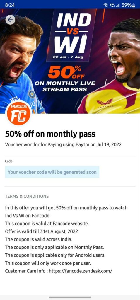 Paytm Send Money & Get FanCode Pass 50% Off to watch India vs WI live