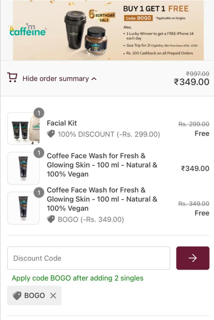mCaffeine BOGO offer - How to Get Buy 1 Get 1 On Everything | + Free Facial Kit
