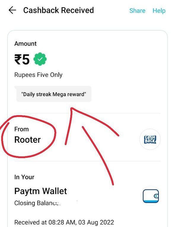 Rooter App Free Paytm cash Proof