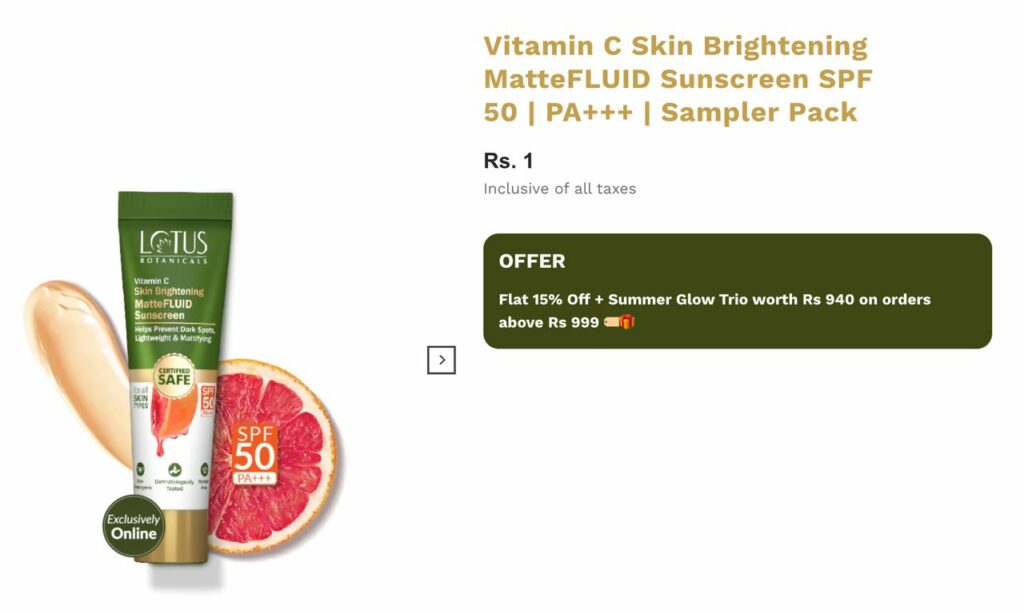 Lotus Botanicals Loot - Vitamin C Skin Sunscreen @ Just ₹1 Only