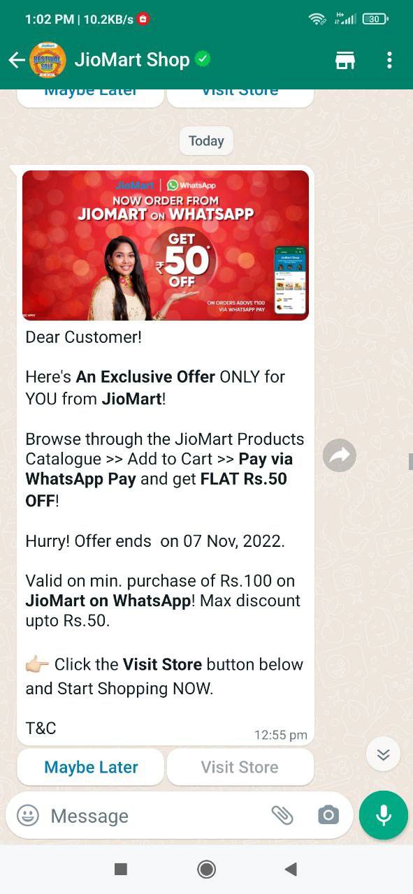 JioMart Whatsapp Pay Offer