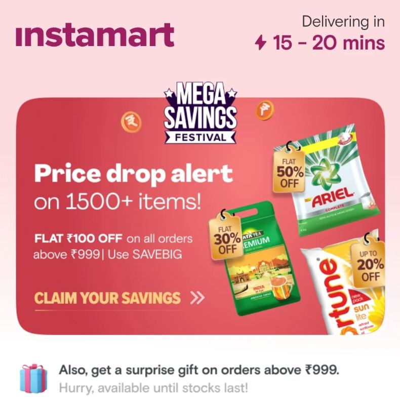Swiggy Instamart Free ₹160 Items On Every ₹999+ Order Offer : 