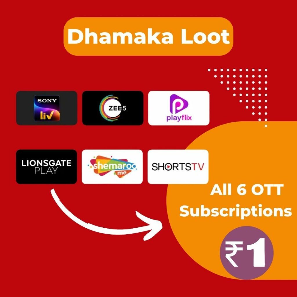 OTTPlay Loot -SonyLIV , ZEE5 & 4 Other OTT Subscriptions @ Just ₹1