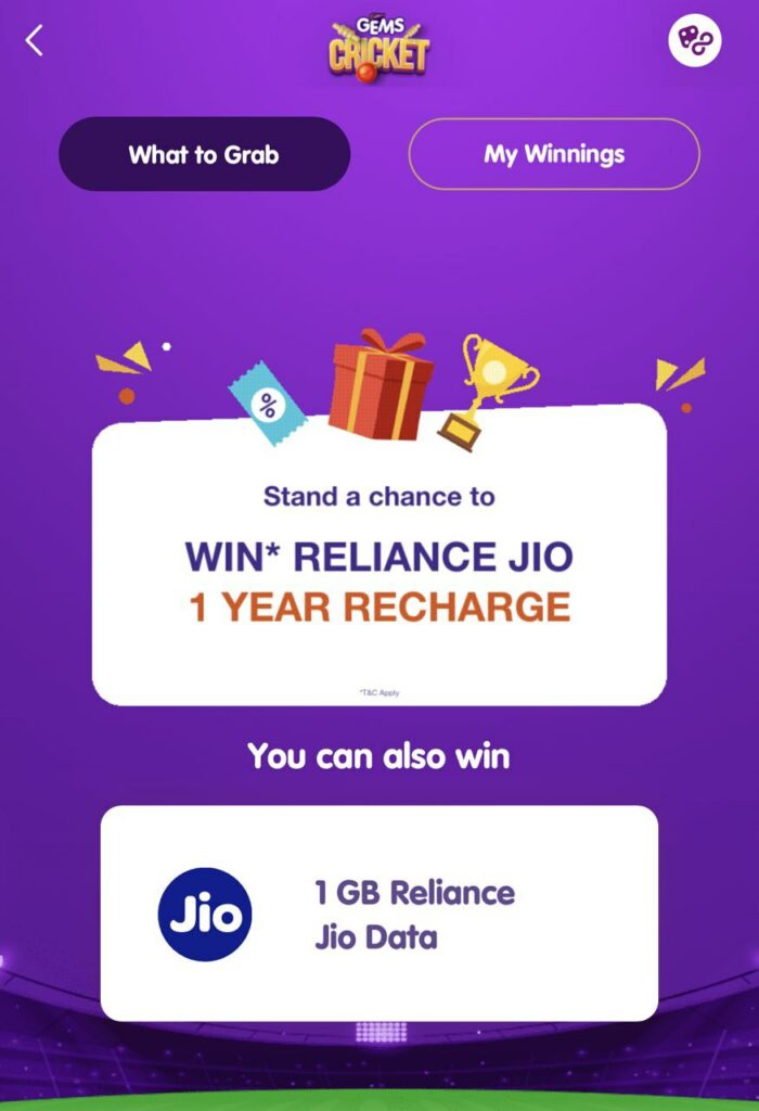 Free Jio data From Gems Cricket Game