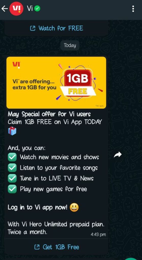 Vi Whatsapp offer : Vi giving away 1 GB FREE data to all