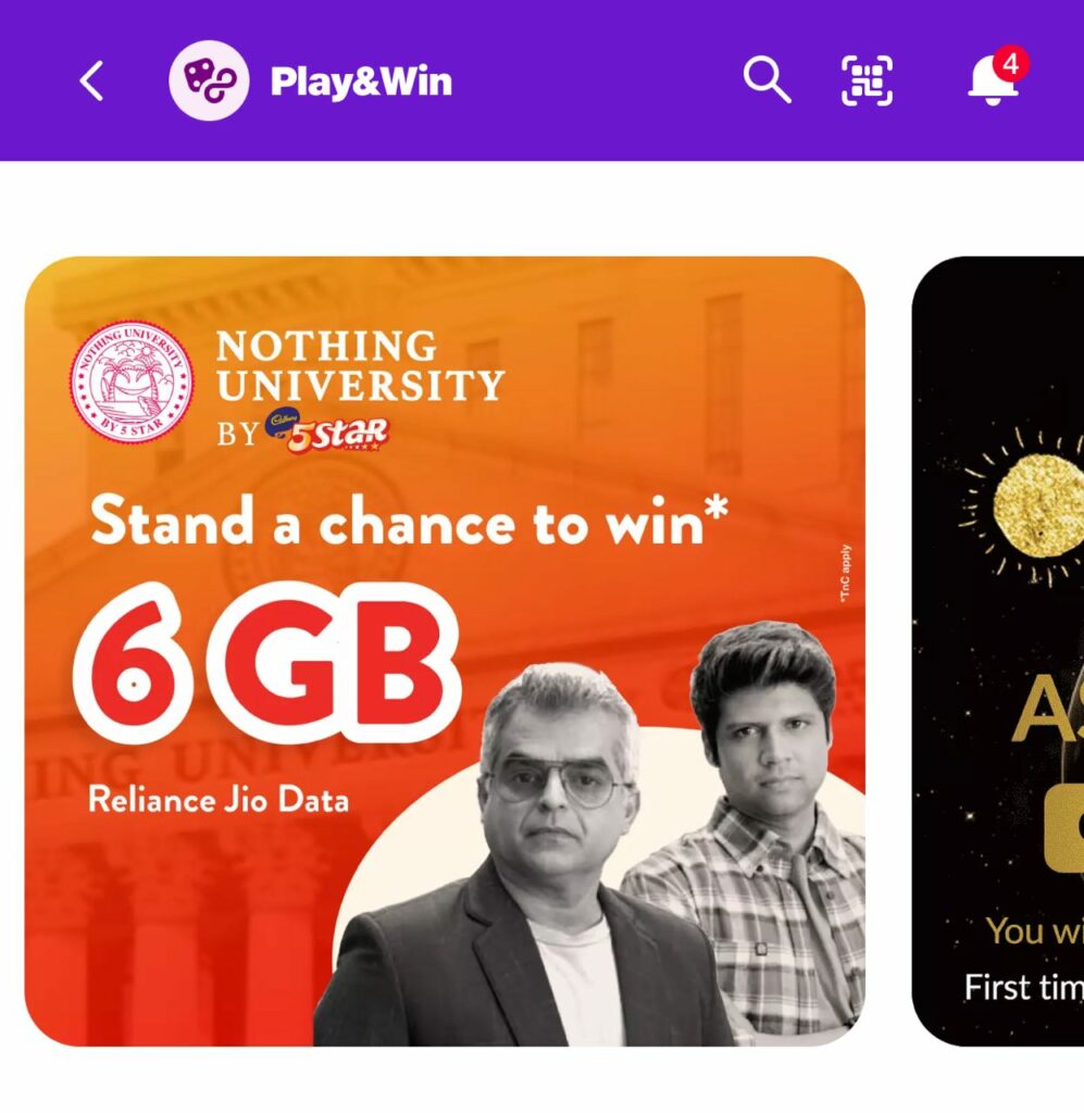 Cadbury 5star Nothing University : Claim 1 GB to 6 GB free Jio Data code from MyJio app