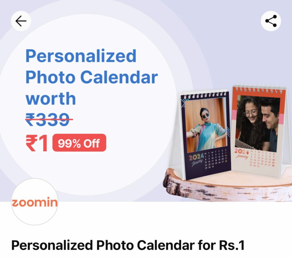 How to claim FREE Personalised Photo Calendar From Zoomin @ Just ₹1